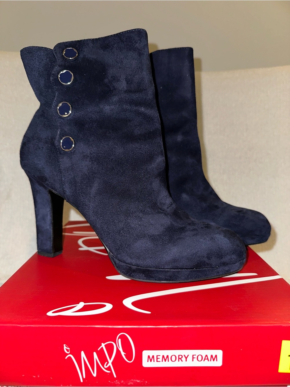 Impo Navy Suede Block-Heel Ankle Boots with Decorative Buttons
